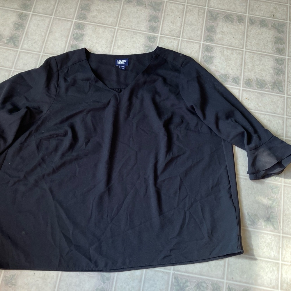 Lands End Blouse Womens 22W Black V Neck Ruffle 3/4 Sleeve Blouse Lightweight